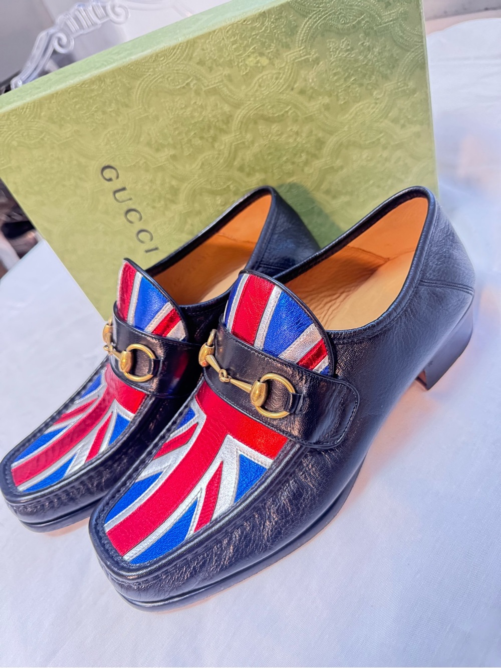 Gucci Black Leather Loafers with Red & Blue Union Jack Detail